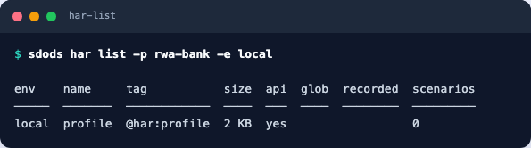 HAR listing showing one recorded file for the profile tag with its size