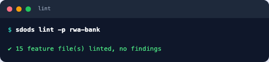 Lint output reporting fifteen feature files with no findings