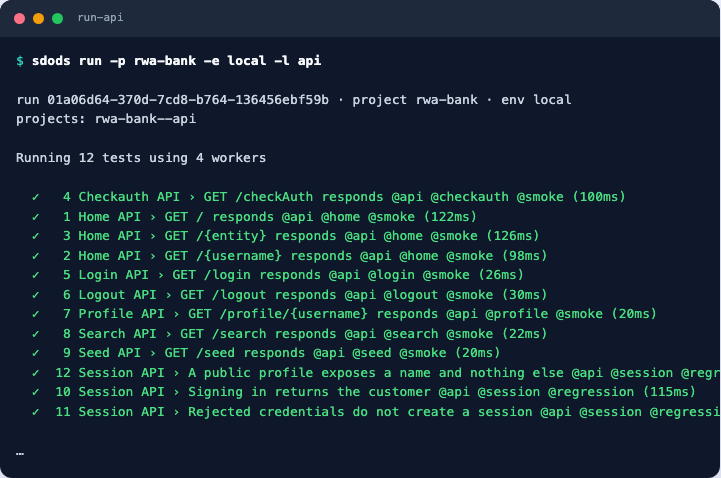 API layer run: nine scenarios passed in under two seconds, with the artifacts, HTML report and dashboard paths printed