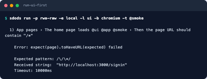 A failing assertion showing the expected URL pattern and the received URL http://localhost:3000/signin