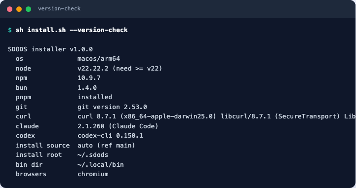 Terminal output of sh install.sh --version-check showing the resolved platform, node and bun versions and install paths