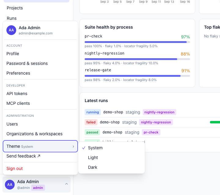 Account menu open above the avatar: profile, password and sessions, preferences, API tokens, MCP clients, admin pages, theme submenu and sign out