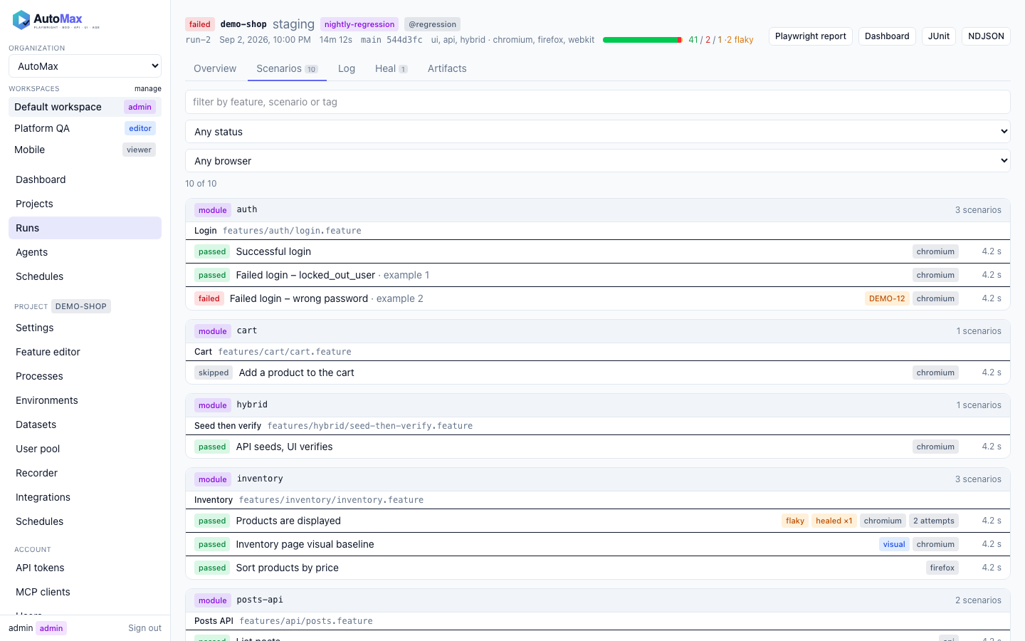 The web UI run view: scenario tree grouped by module with flaky, healed and browser badges
