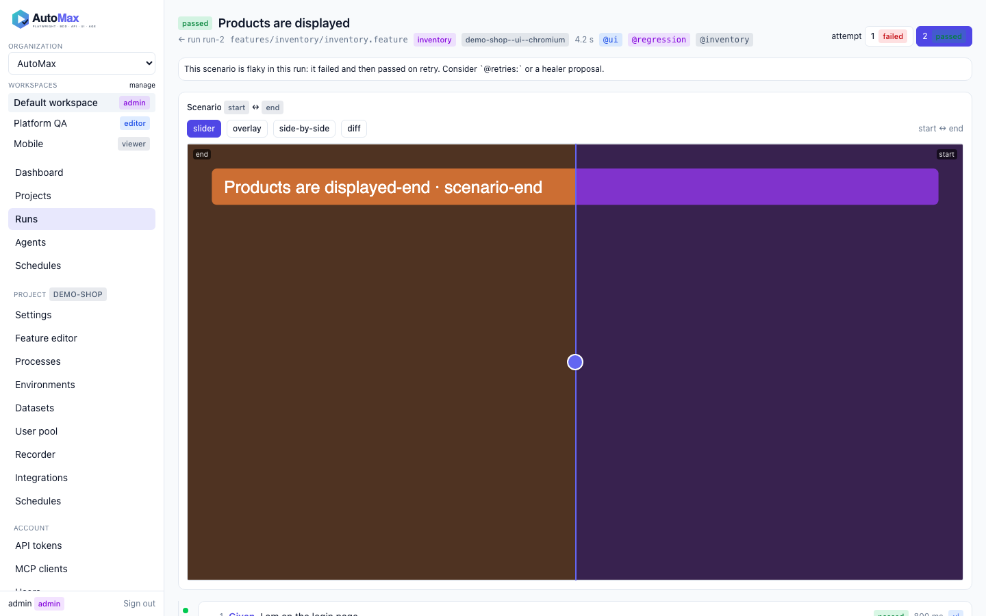 Step timeline in the web UI with the before/after slider, badges and the attempt switcher