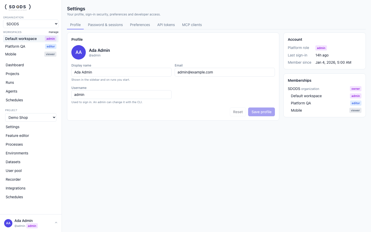 Settings, Profile tab: display name, email and username, with platform role, last sign-in and memberships