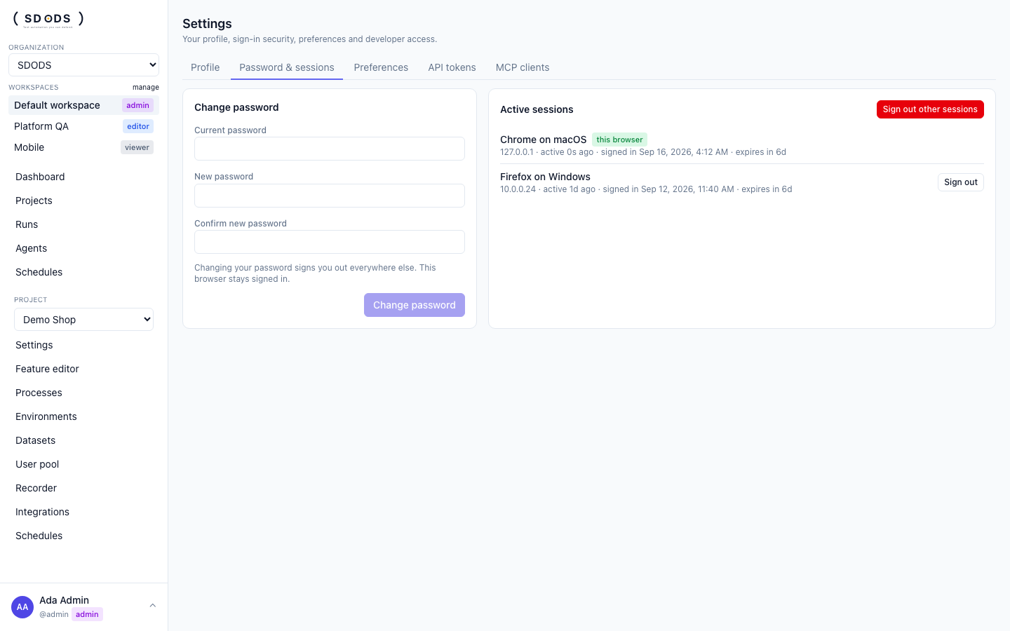 Settings, Password and sessions tab: change password form and the list of active sessions with this browser marked